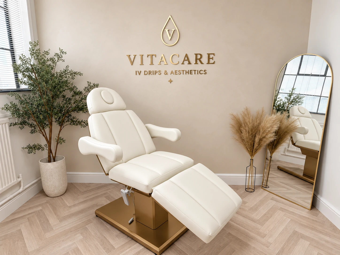 VitaCare treatment room with cream chair and gold clinic signage